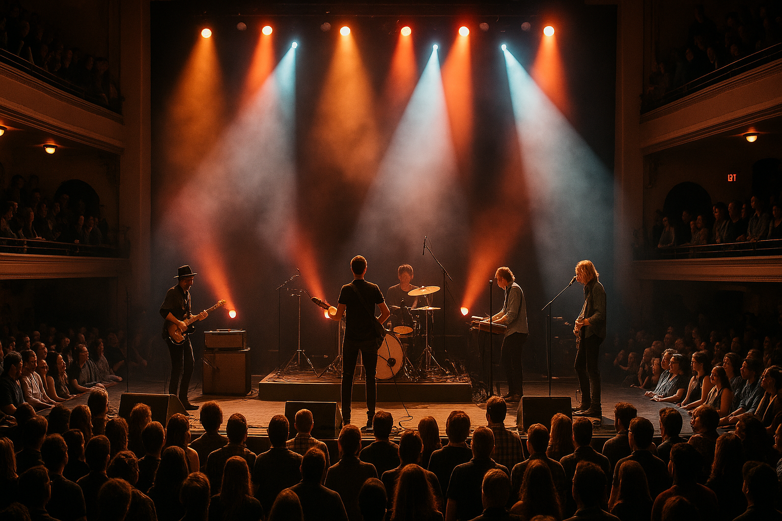 AI generated image of a band playing live music on a stage with concert lighting