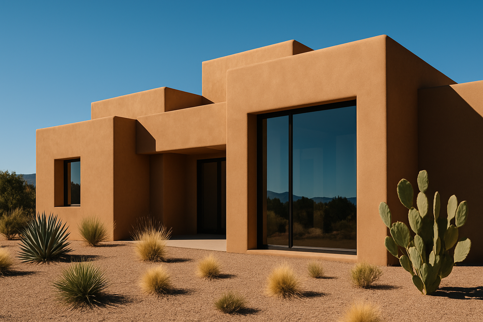 AI generated image of a modern home rooted in traditional Pueblo style