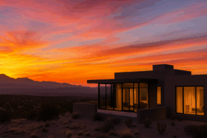 AI generated image of a modern home in Santa Fe, New Mexico in the foreground and a dramatic sunset over mountains in the background