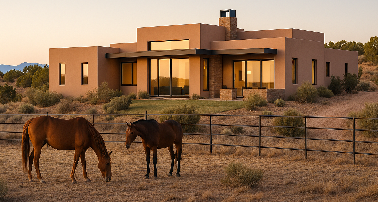AI-generated image of horses in a pasture with a modern home in the background.