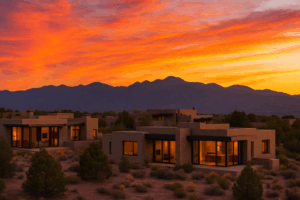 AI-generated image of a modern home in Santa Fe, NM with a vibrant sunset and a mountainous background.