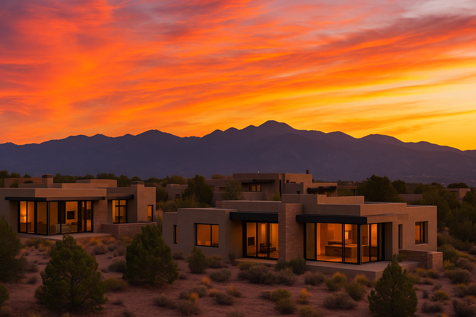 AI-generated image of a modern home in Santa Fe, NM with a vibrant sunset and a mountainous background.