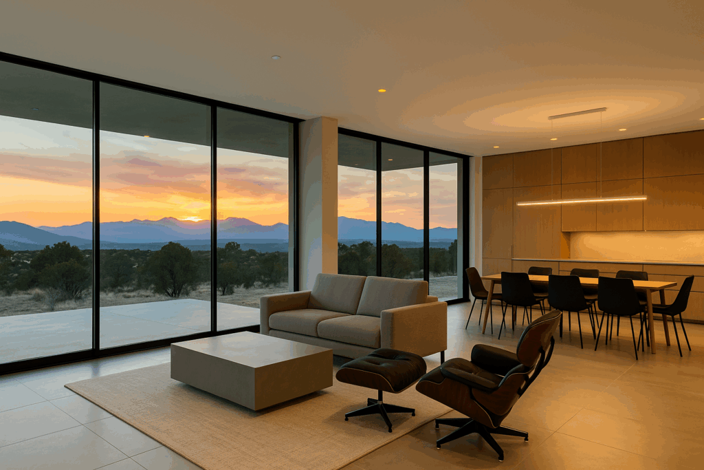 AI-generated image of a modern home interior with expansive glass walls and panoramic mountain views in Santa Fe, NM.