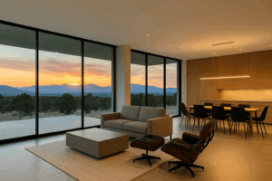 AI-generated image of a modern home interior with expansive glass walls and panoramic mountain views in Santa Fe, NM.